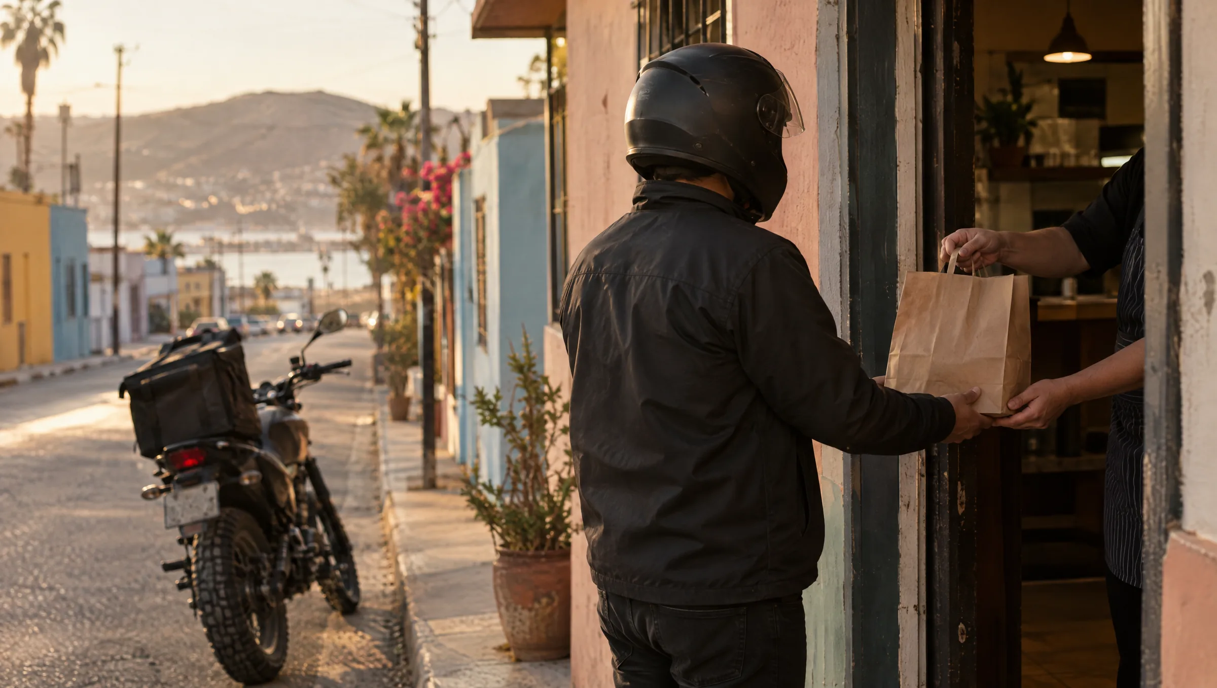 Repartidor recibiendo un pedido en la puerta de un local de Ensenada
