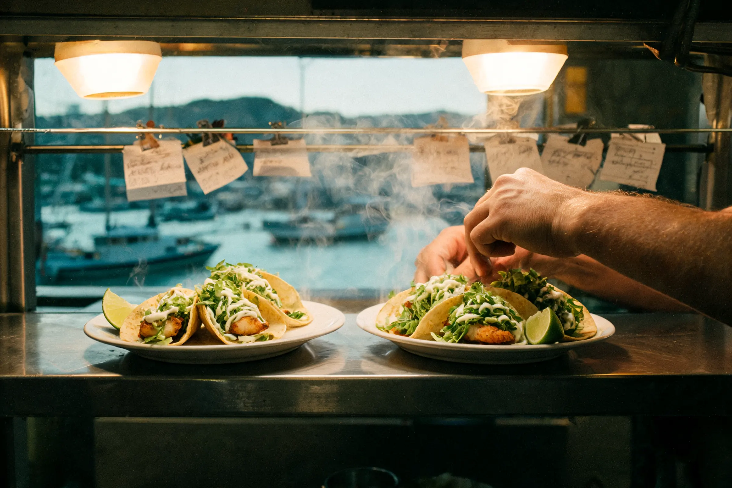 Cocina de un restaurante de mariscos: dos platos de tacos de pescado en el pase, con el puerto al fondo