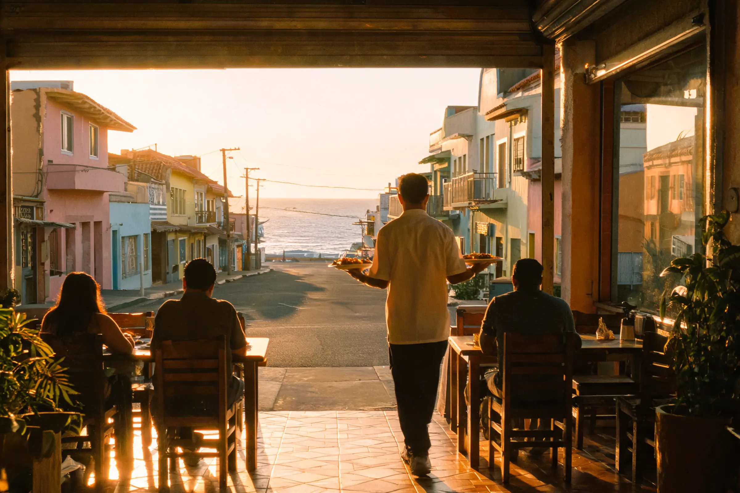 Restaurante de barrio en Ensenada al atardecer: un mesero lleva platos a la mesa y el mar se ve al final de la calle