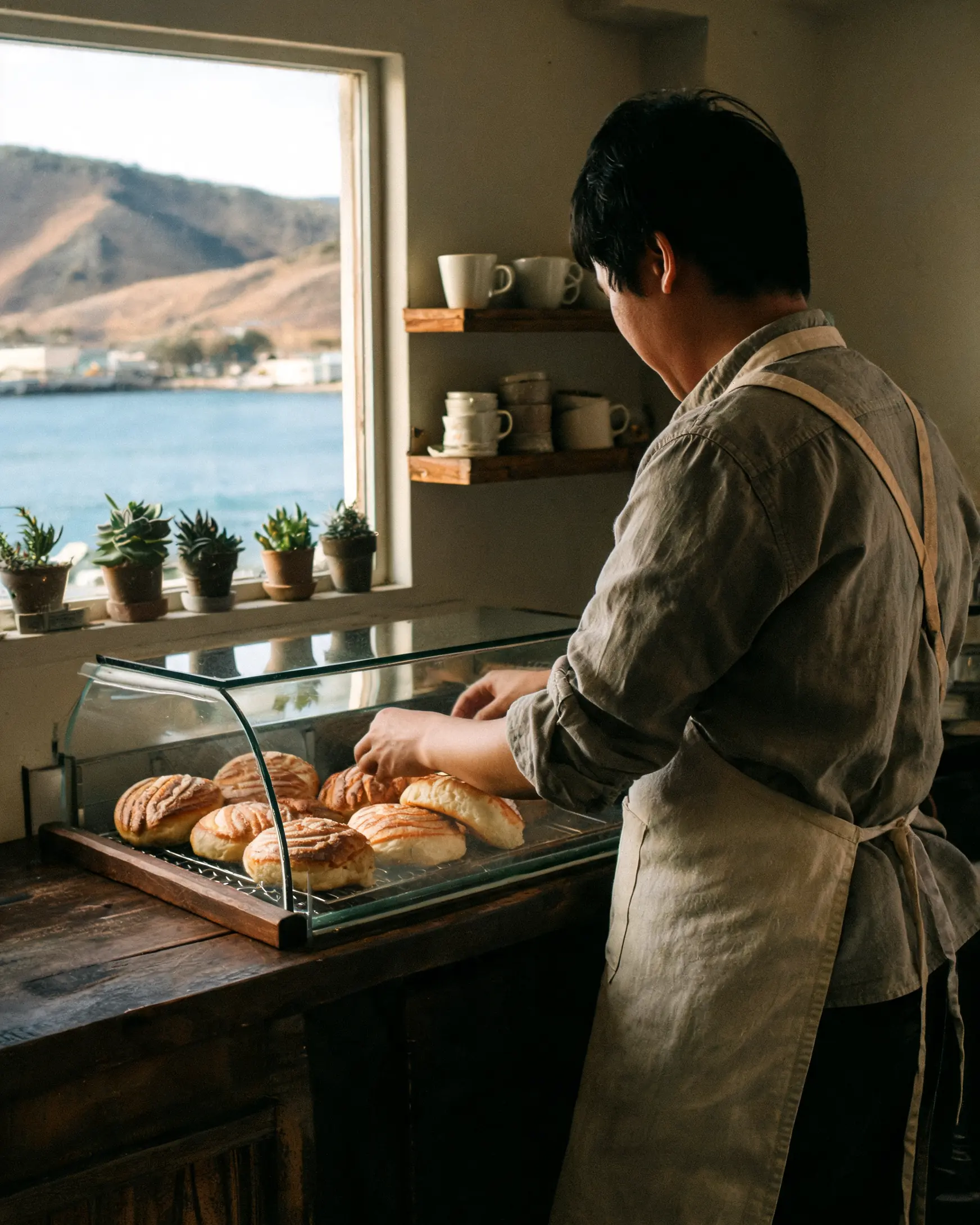 Dueña de una cafetería acomodando pan dulce en la vitrina, con la bahía de Ensenada por la ventana