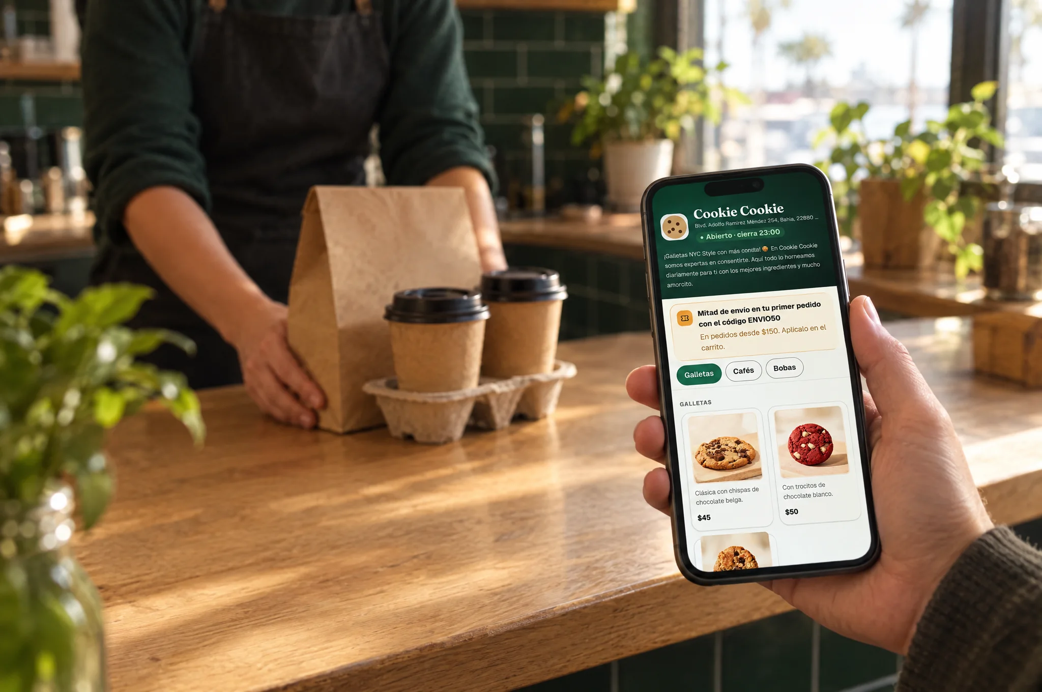 Un cliente sostiene su celular con la tienda en línea de una cafetería mientras, al fondo, la barista le entrega su pedido
