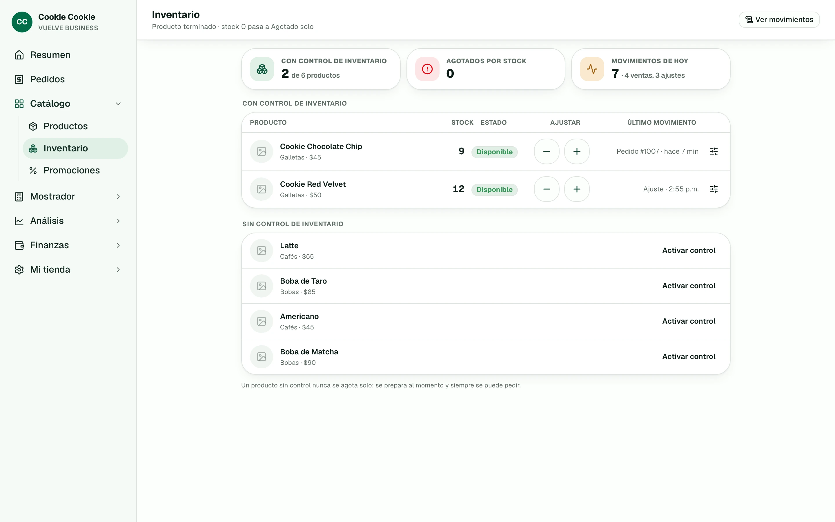 Panel de inventario de Vuelve con la tabla de productos y sus alertas de stock