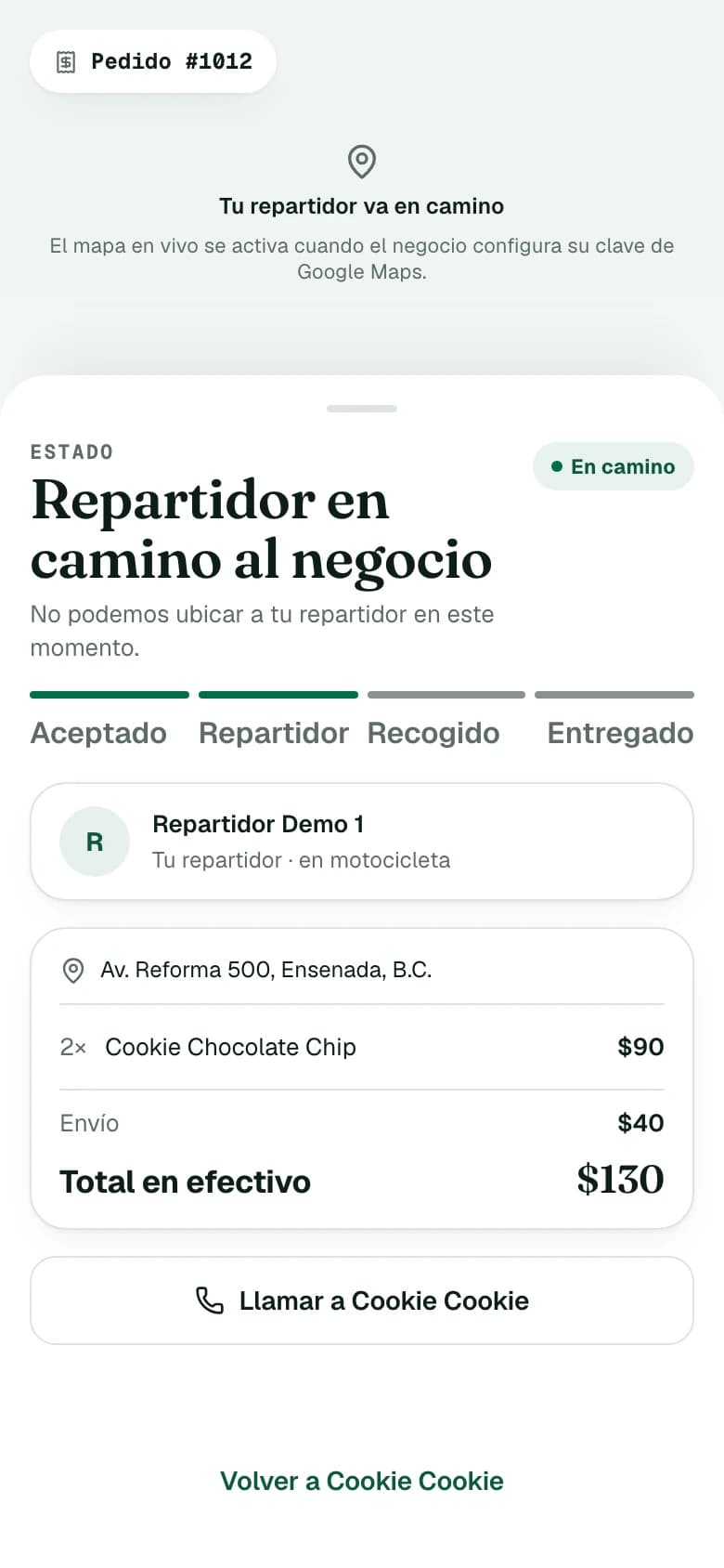 Pantalla de seguimiento del cliente: el pedido va en camino