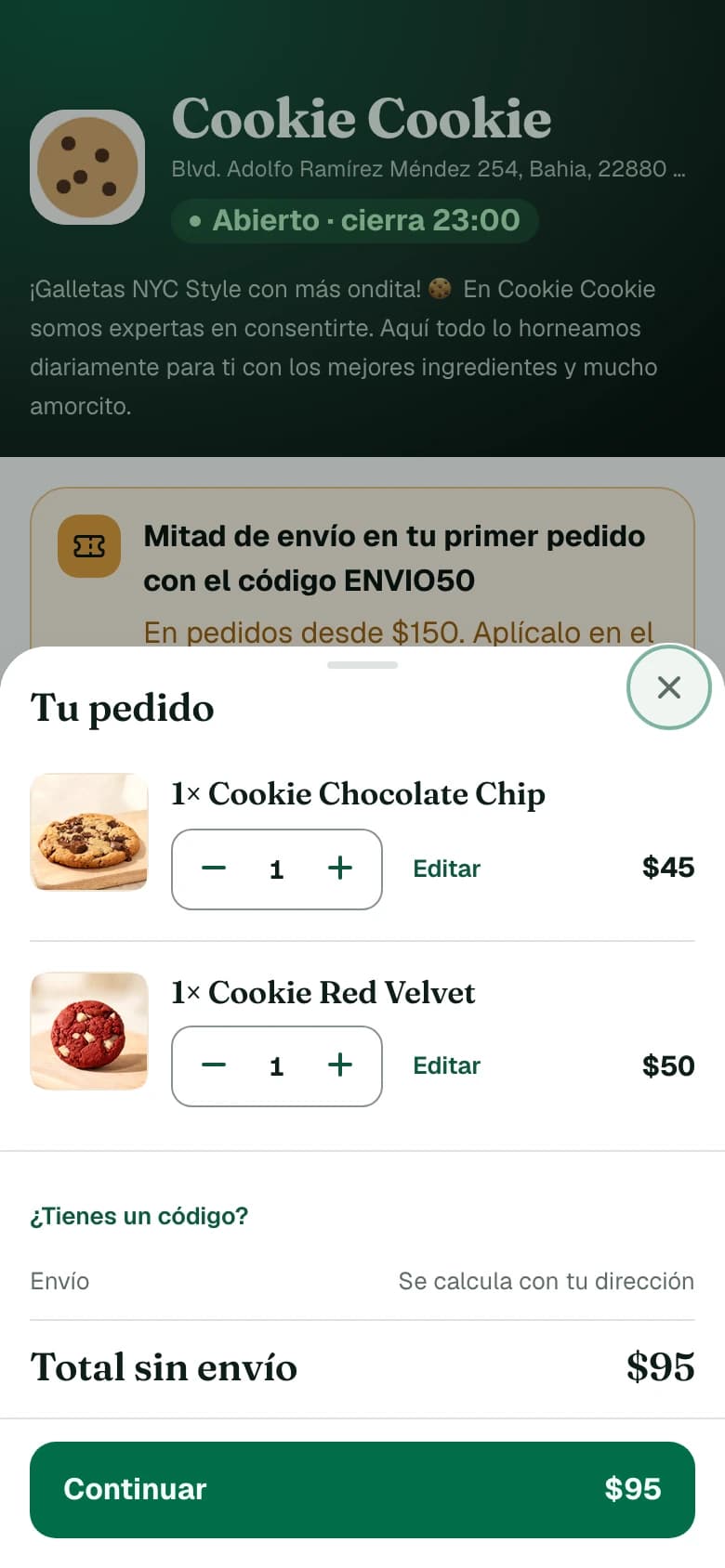 Carrito del cliente con dos productos y el total del pedido