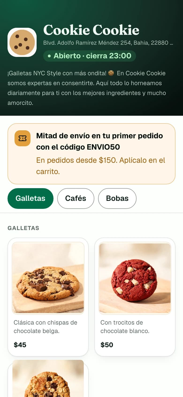 Catálogo de la tienda en línea con categorías y productos