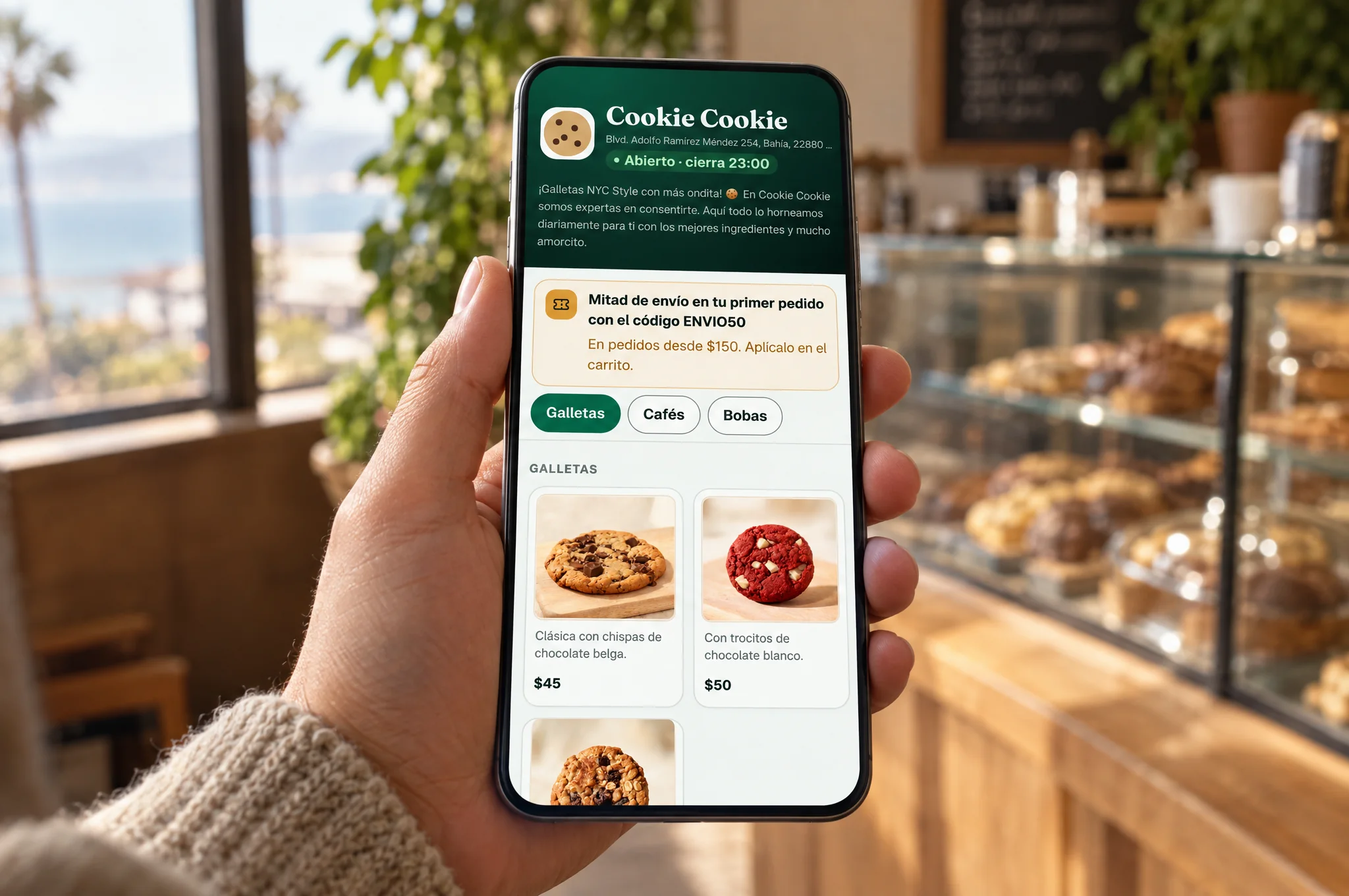 Un cliente mira la tienda en línea de un negocio desde su celular, frente al mostrador